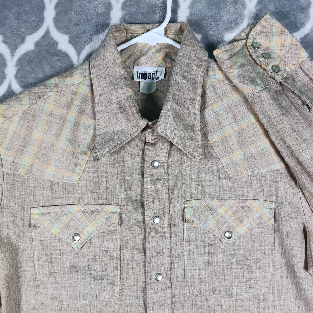 Impact Western Shirt Men L Tan Plaid Pearl Snap Long Sleeve Contrast Yoke VTG